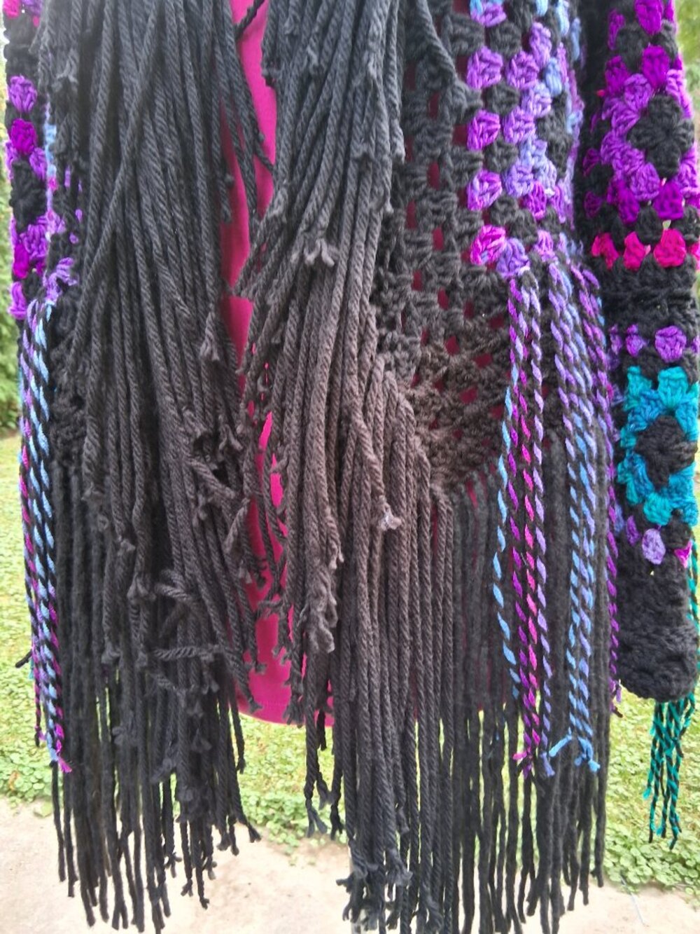 Boho Black Colorful Granny Square Super Fringe Sweater Large - Picture 7 of 13